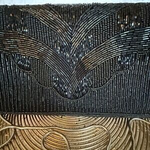 Marshall Field's Vintage Black Glass Beaded Art Deco Evening Clutch Bag Chain